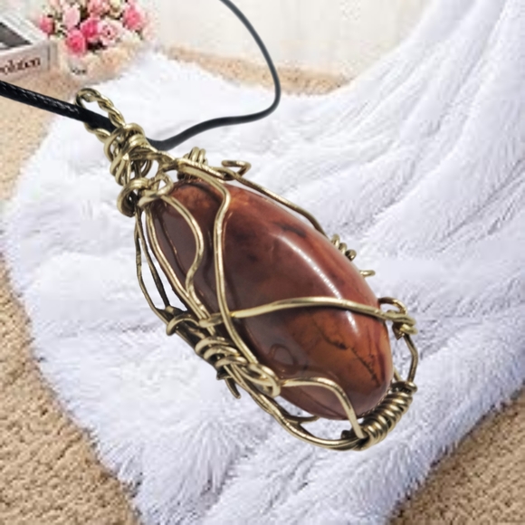 Jasper Hand Wired Pendant with Waxed Black Leather Necklace - Picture 4 of 7